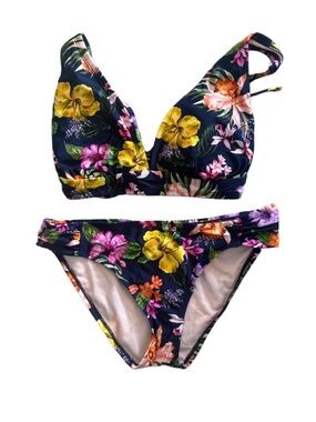 Kona Sol Navy Floral Bikini - Yellow & Pink Hibiscus Print Sizes: Top L Bottom M